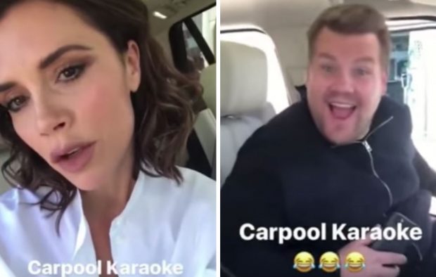 Victoria Beckham and James Corden filming Carpool Karaoke