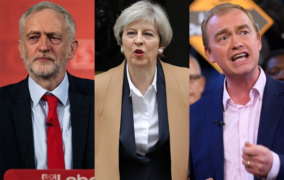 Jeremy Corbyn, Theresa May and Tim Farron