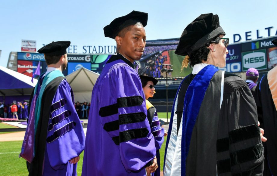 Pharrell Williams attends the New York University 2017 Commencement at Yankee Stadium on May 17