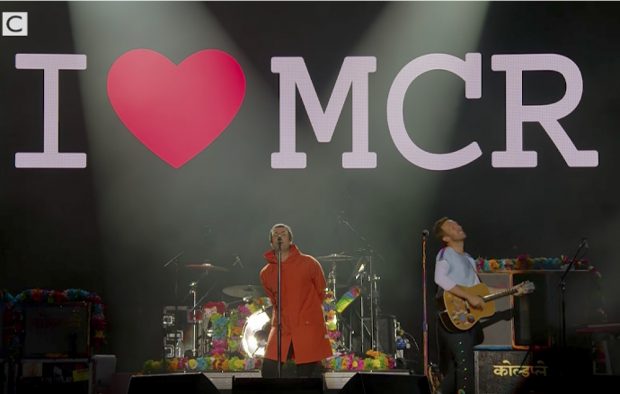 Liam Gallagher and Coldplay at the On Love Manchester concert