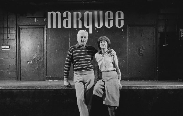 Harold Pendleton and Barbara Pendleton pictured together standing in front of the stage of the Marquee Club in Wardour Street, London on 6th April 1983.