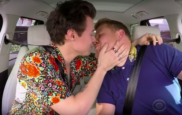 Harry Styles and James Corden kiss