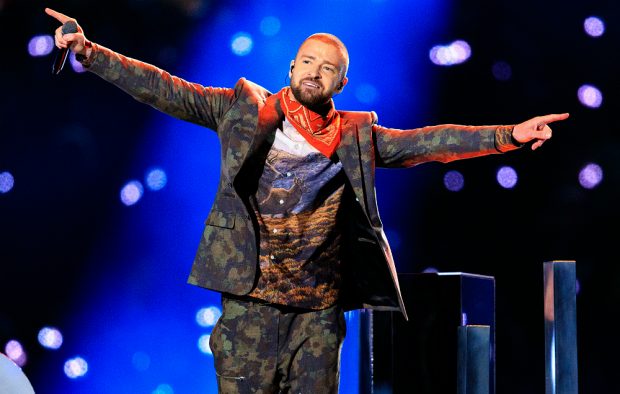 Justin Timberlake performing at the Super Bowl 2018