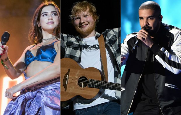 Dua Lipa, Ed Sheeran and Drake