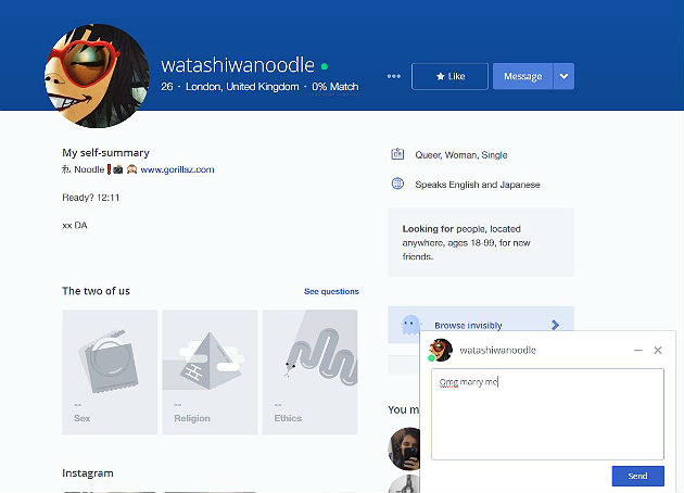 Noodles' OK Cupid page