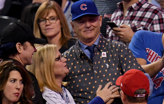 Bill Murray celebrates the Chicago Cubs win