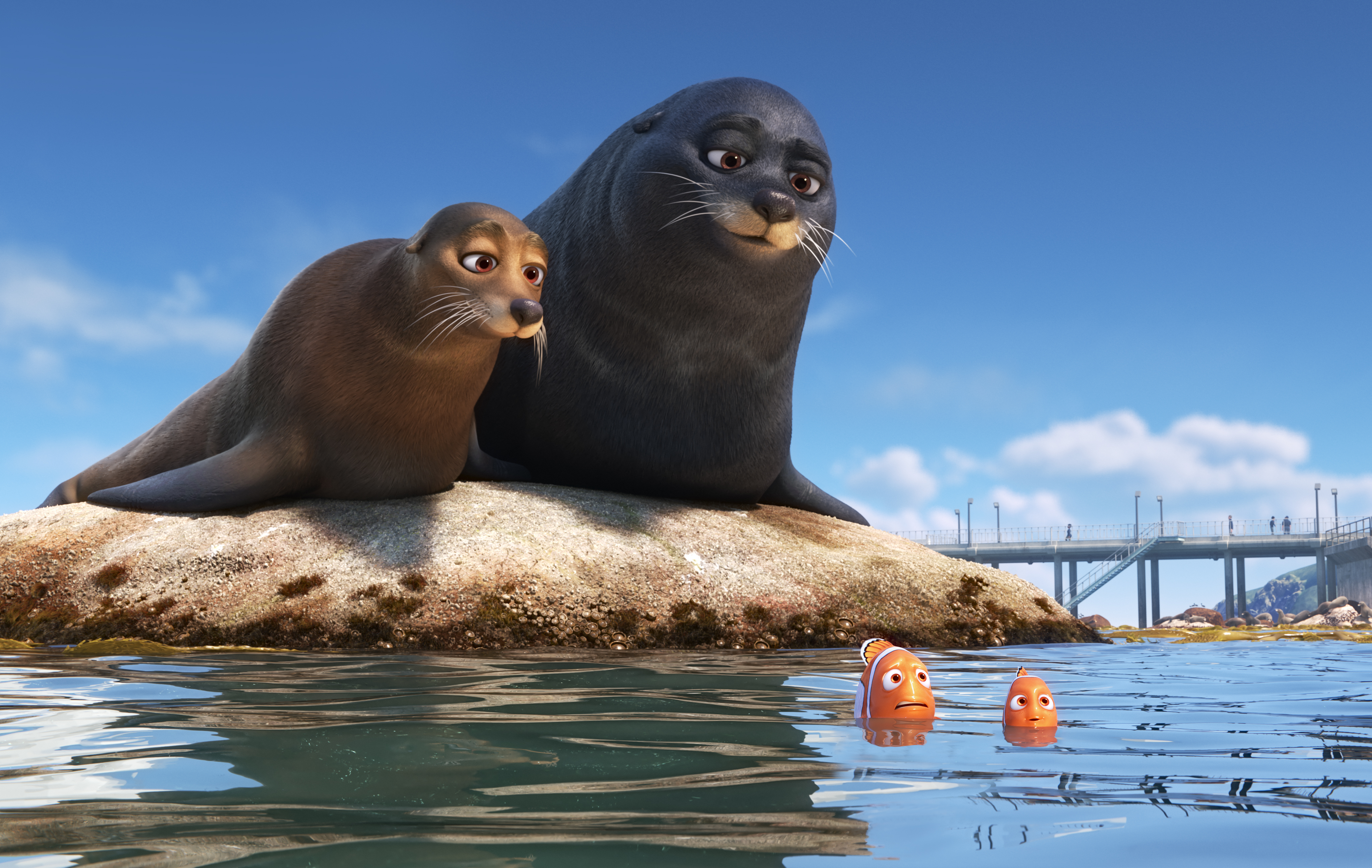 FINDING DORY – Marlin and Nemo get guidance from a pair of lazy sea lions in an effort to catch up with Dory. Featuring Idris Elba as the voice of Fluke and Dominic West as the voice of Rudder, "Finding Dory" opens on June 17, 2016. ©2016 Disney•Pixar. All Rights Reserved.