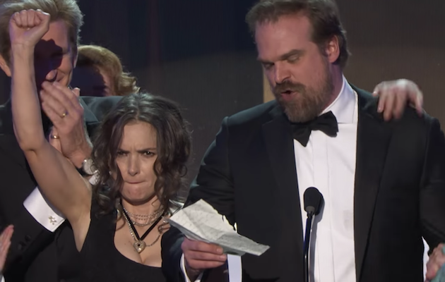 Winona Ryder reacts to Stranger Things co-star David Harbour's speech at the SAG Awards 2017