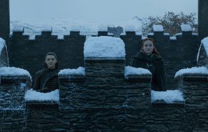 Maisie Williams as Arya Stark and Sophie Turner as Sansa Stark in Game of Thrones season 7, episode 7 – The Dragon and The Wolf