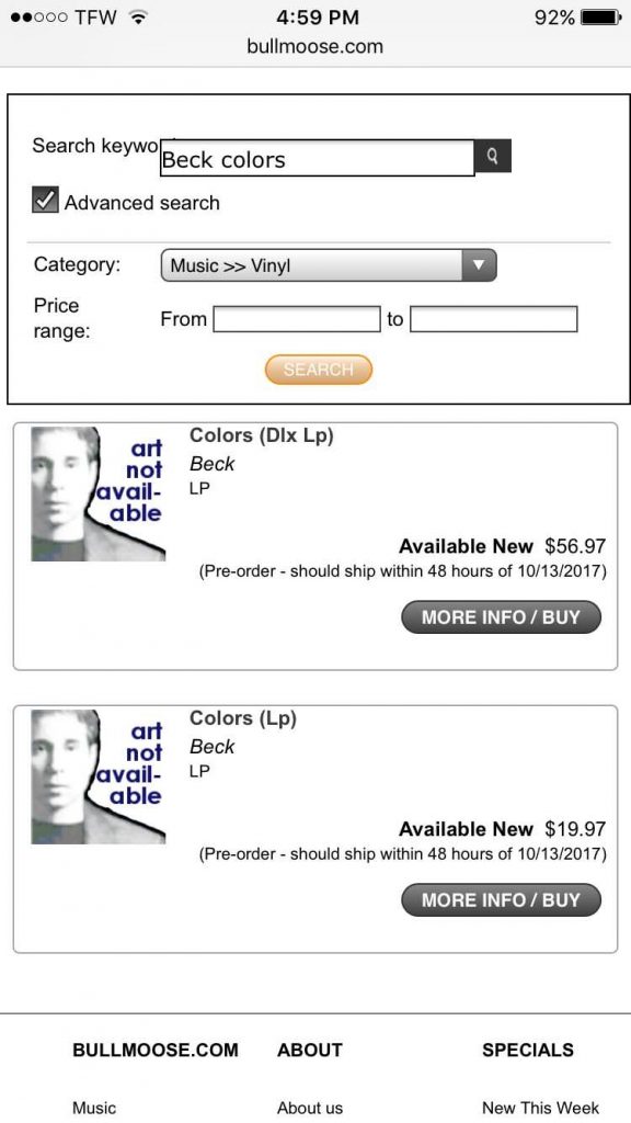 The pre-order page for Beck's new album 'Colors'