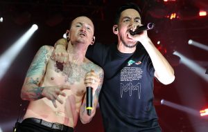 Chester Bennington and Mike Shinoda performing with Linkin Park at The O2 in London