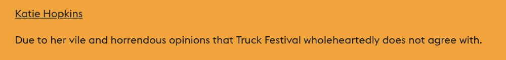 Katie Hopkins has been banned from Truck Festival