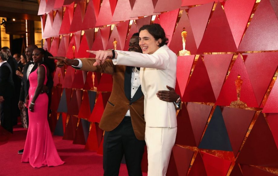 timothee chalamet red carpet pointing