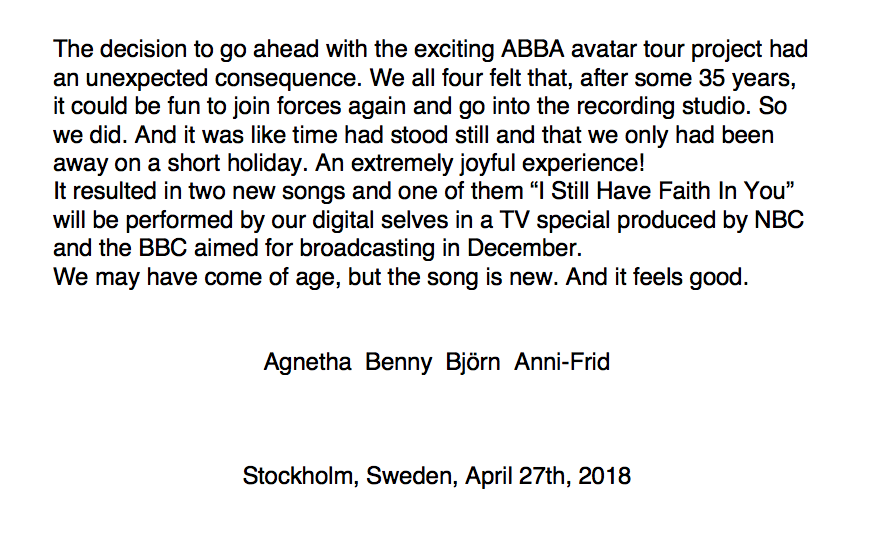 A new press release from Abba confirms the release of new material