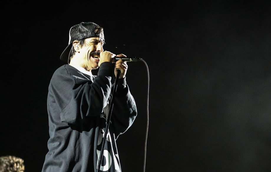 Red Hot Chili Peppers singer Anthony Kiedis performs during their concert in the Great Pyramids