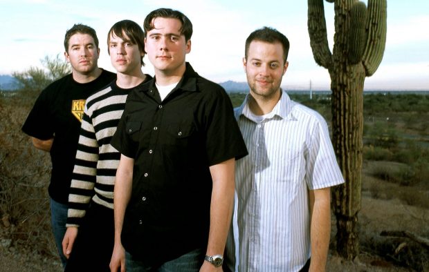 Jim Adkins, Rick Burch ; Zac Lind, Tom Linton of Jimmy Eat World, group portrait, Colorado, United States, 2001. (Photo by Martyn Goodacre/Getty Images)