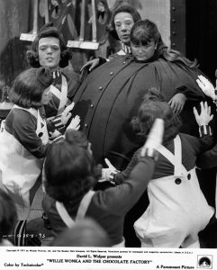 Denise Nickerson blows up like a blueberry in a scene from the film 'Willy Wonka & the Chocolate Factory', 1971