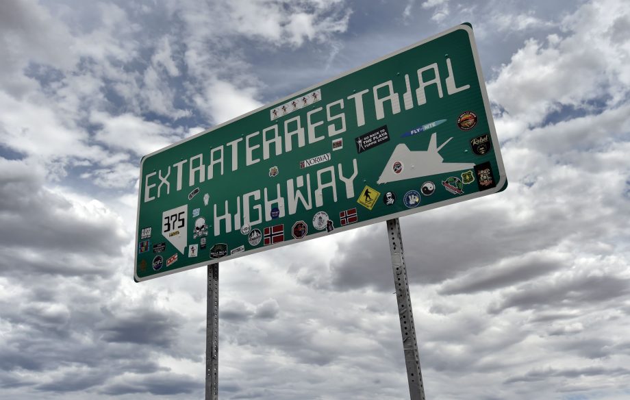 An Extraterrestrial Highway sign is posted along state route 375 on July 22, 2019 in Rachel, Nevada